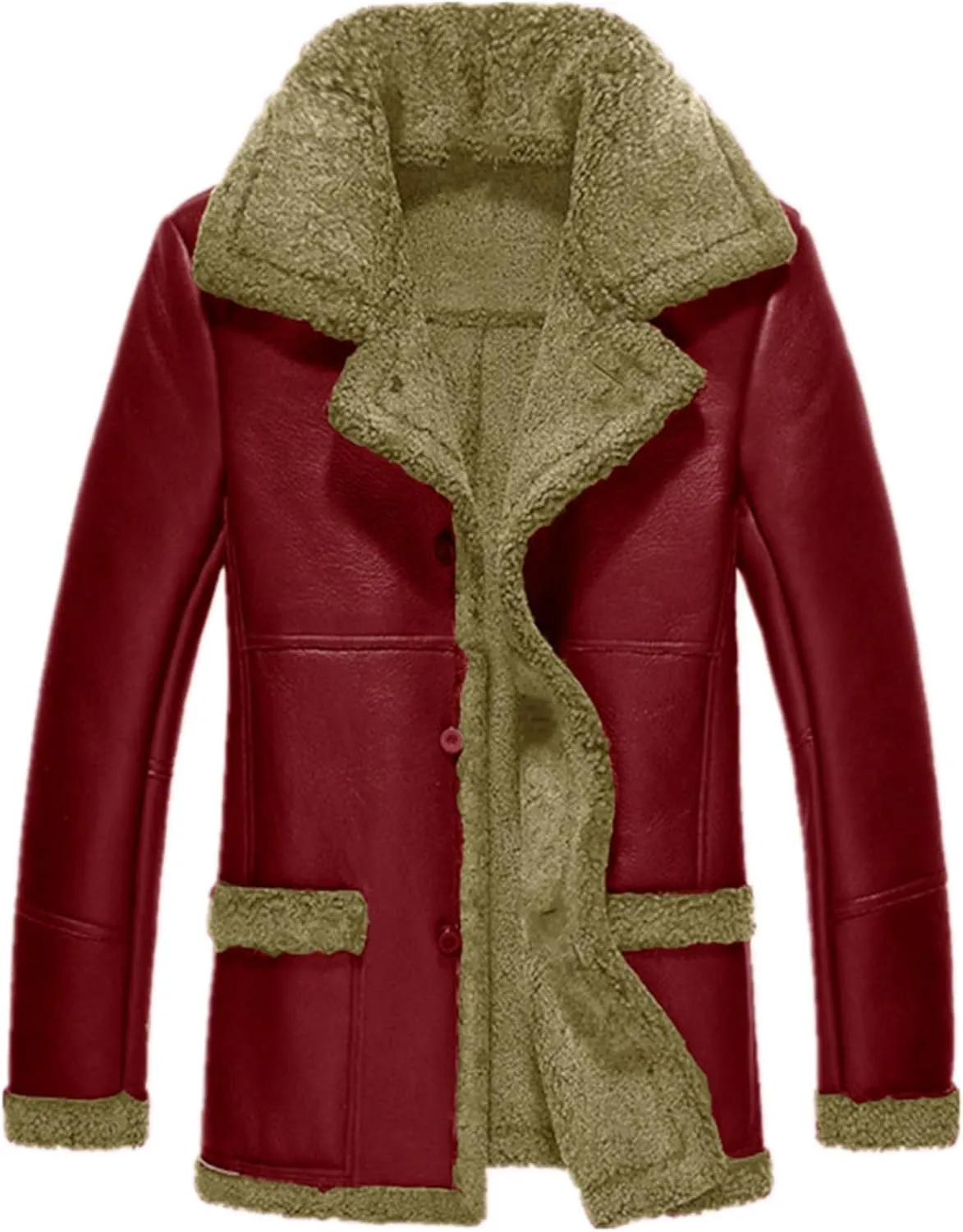 Mens Fleece Lined Faux Suede Sherpa Sheepskin Leather Coat with Hood, Vintage Long Trench, Heated, Waterproof, Casual