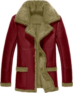 Mens Fleece Lined Faux Suede Sherpa Sheepskin Leather Coat with Hood, Vintage Long Trench, Heated, Waterproof, Casual