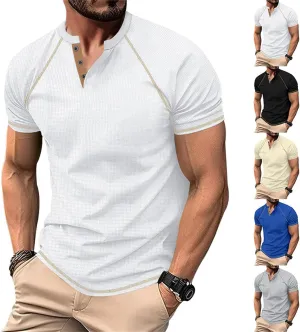 Men's Henley Shirts Short Sleeve Fitted Cotton Muscle T-Shirt with Button Longline Vintage Sports Quick Drying Tops