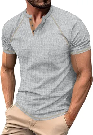 Men's Henley Shirts Short Sleeve Fitted Cotton Muscle T-Shirt with Button Longline Vintage Sports Quick Drying Tops