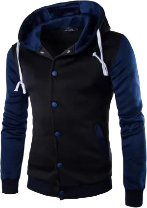 Mens Hooded Varsity Jacket Contrast Color Patchwork Baseball Jacket Button Down Slim Fit Casual Sports Sweatshirt