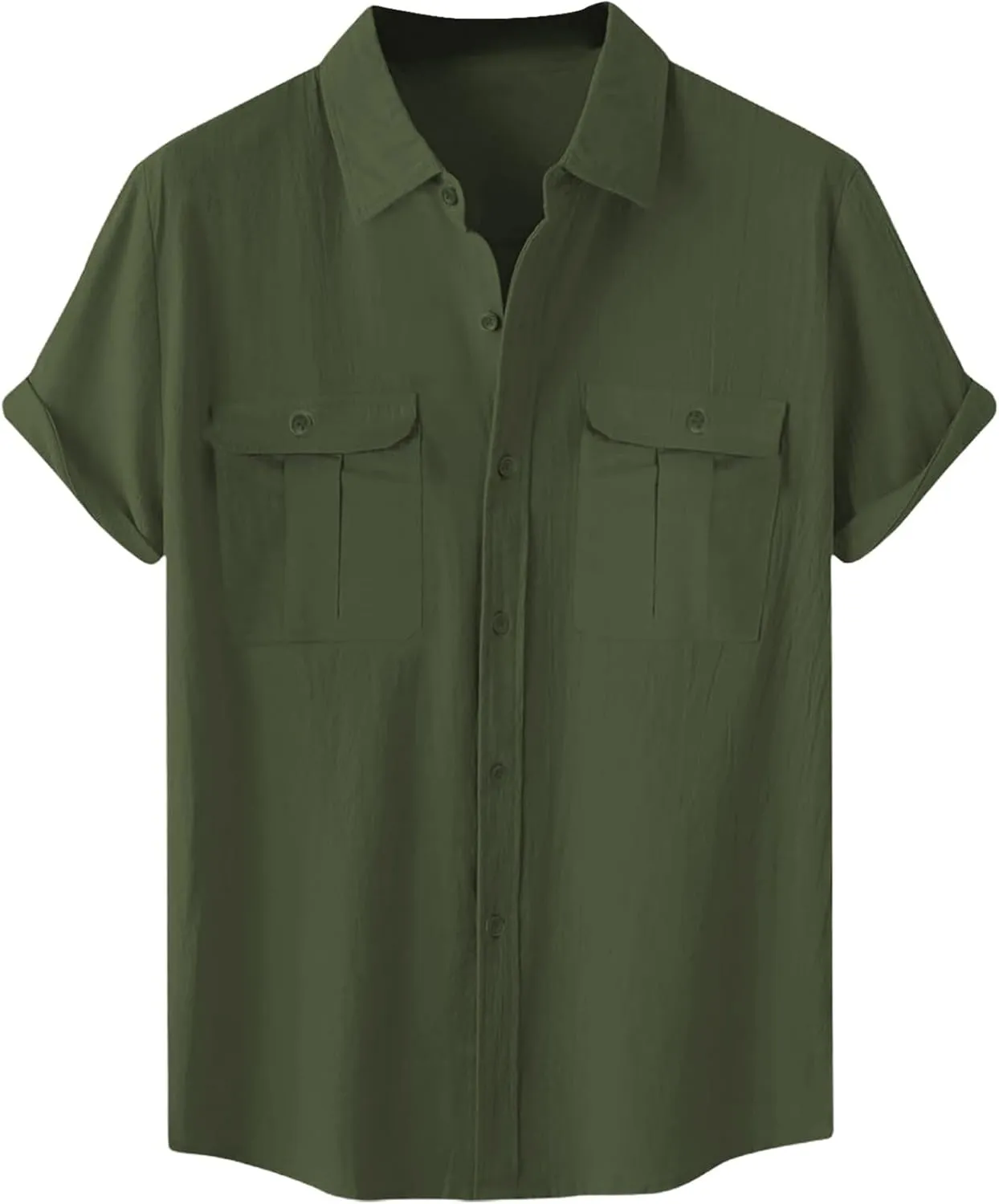 Men's Linen Shirts Casual Button Down Short Sleeve Chambray Shirt Stylish Front Pocket Dress Smart Office Work Blouse