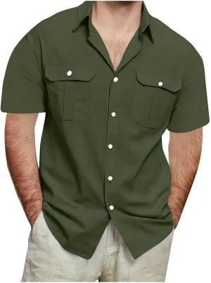Men's Linen Shirts Casual Button Down Short Sleeve Chambray Shirt Stylish Front Pocket Dress Smart Office Work Blouse
