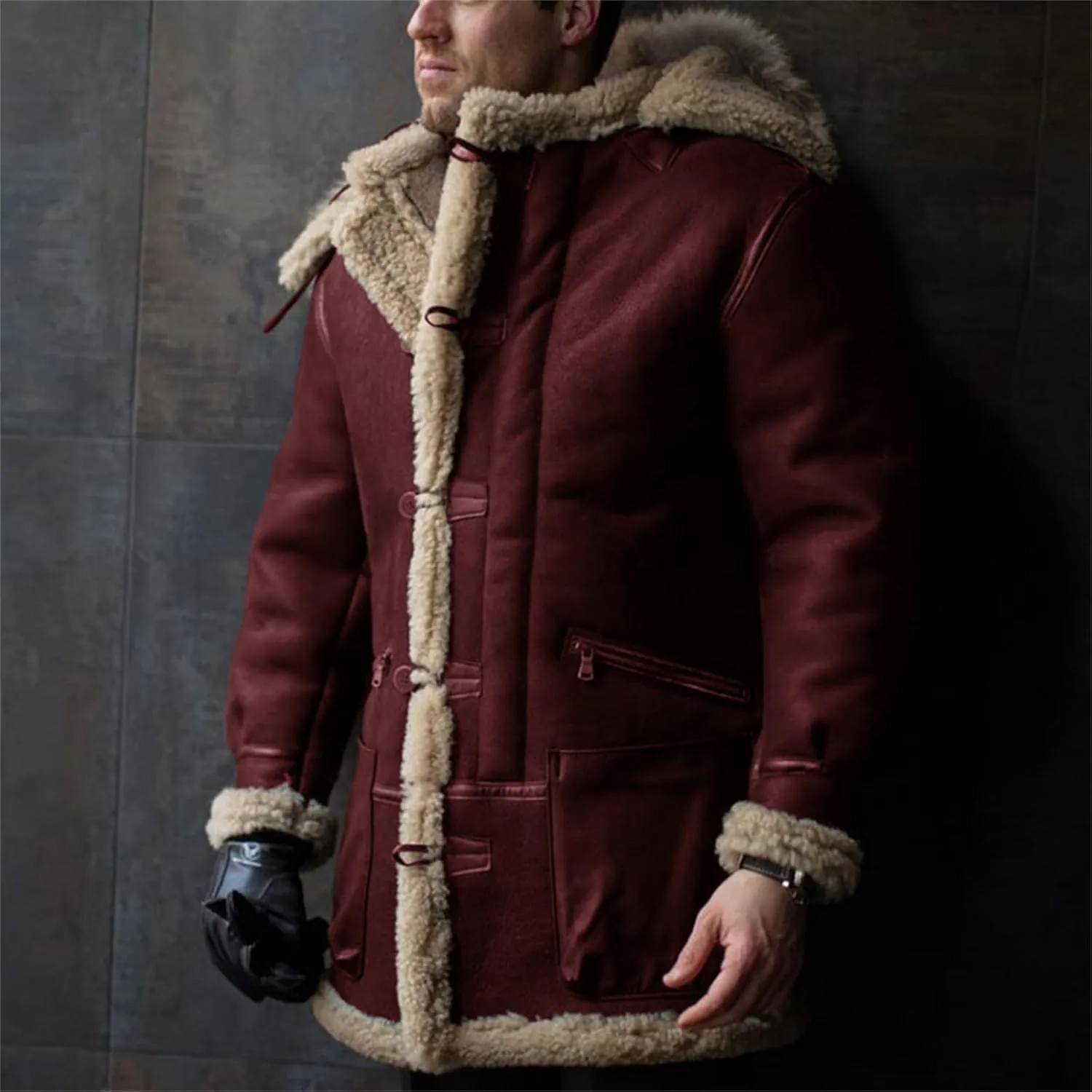 Men's Long Restore Faux Fur Jacket Sherpa Fleece Lined Thickened Jacket Casual Coat with Pocket Fall Winter