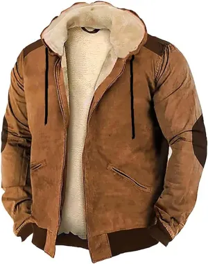 Mens Long Sleeve Zipper Fleece Jackets Winter Thick Warm Windbreak Plush Coats Fashion Patchwork Utility Cargo Jacket