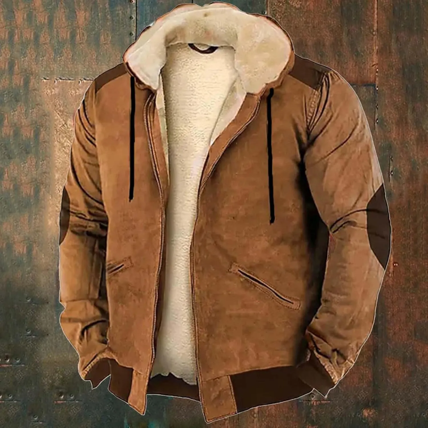 Mens Long Sleeve Zipper Fleece Jackets Winter Thick Warm Windbreak Plush Coats Fashion Patchwork Utility Cargo Jacket