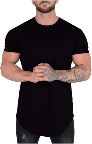 Mens Longline Muscle Fit T Shirts Short Sleeve Gym Workout Bodybuilding Tee Tops Solid Color Basic Hipster Sport Tops