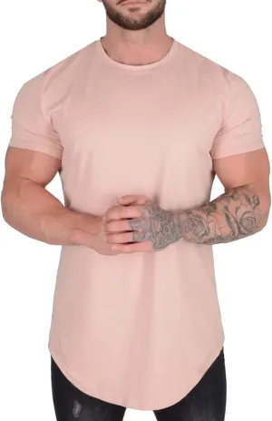Mens Longline Muscle Fit T Shirts Short Sleeve Gym Workout Bodybuilding Tee Tops Solid Color Basic Hipster Sport Tops
