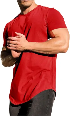 Mens Longline Muscle Fit T Shirts Short Sleeve Gym Workout Bodybuilding Tee Tops Solid Color Basic Hipster Sport Tops