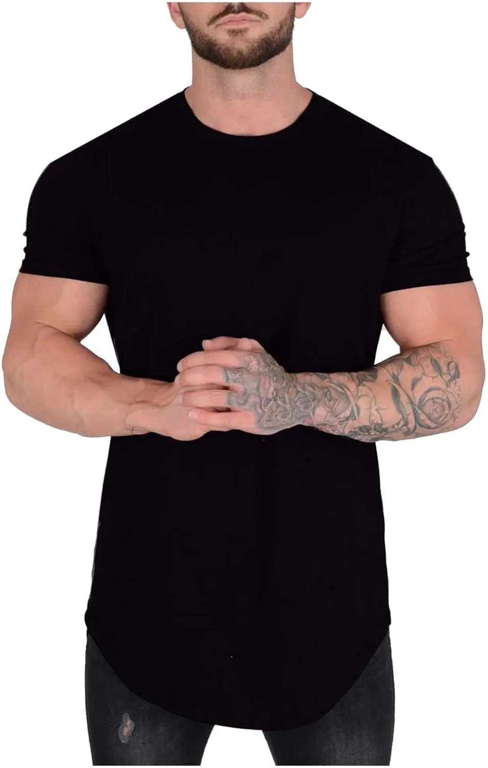 Mens Longline Muscle Fit T Shirts Short Sleeve Gym Workout Bodybuilding Tee Tops Solid Color Basic Hipster Sport Tops