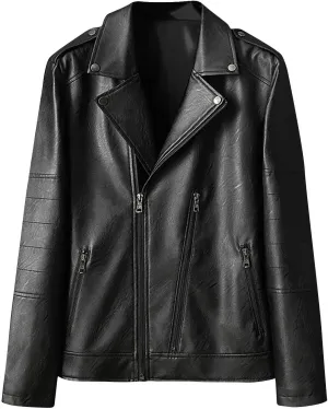 Men's Motorcycle Biker Riding Black Leather Jacket Asymmetric Zip Notch Lapel Collar Coat Lightweight Casual Jackets