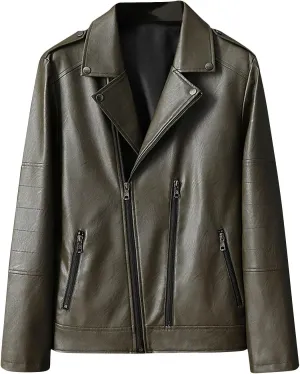 Men's Motorcycle Biker Riding Black Leather Jacket Asymmetric Zip Notch Lapel Collar Coat Lightweight Casual Jackets