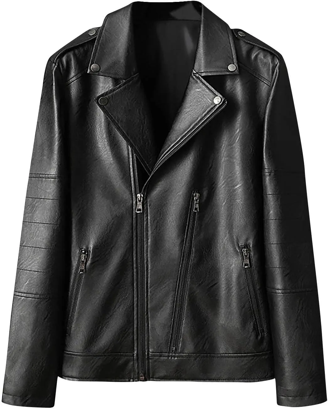 Men's Motorcycle Biker Riding Black Leather Jacket Asymmetric Zip Notch Lapel Collar Coat Lightweight Casual Jackets