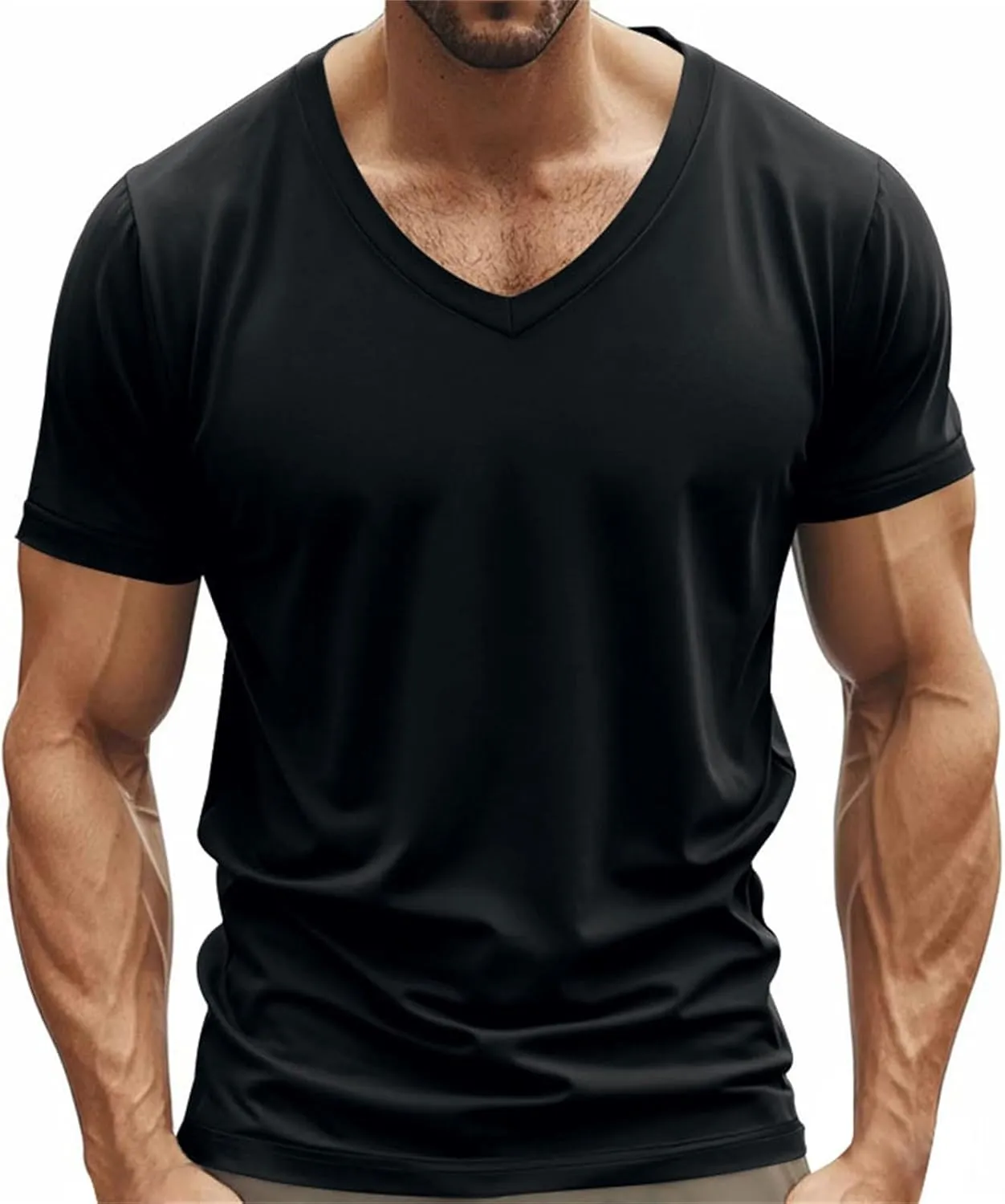 Mens Muscle Fitted T Shirts 2025 Stylish V Neck Longline Comfy Soft Shirt Stretch Short Sleeve Gym Workout Tops