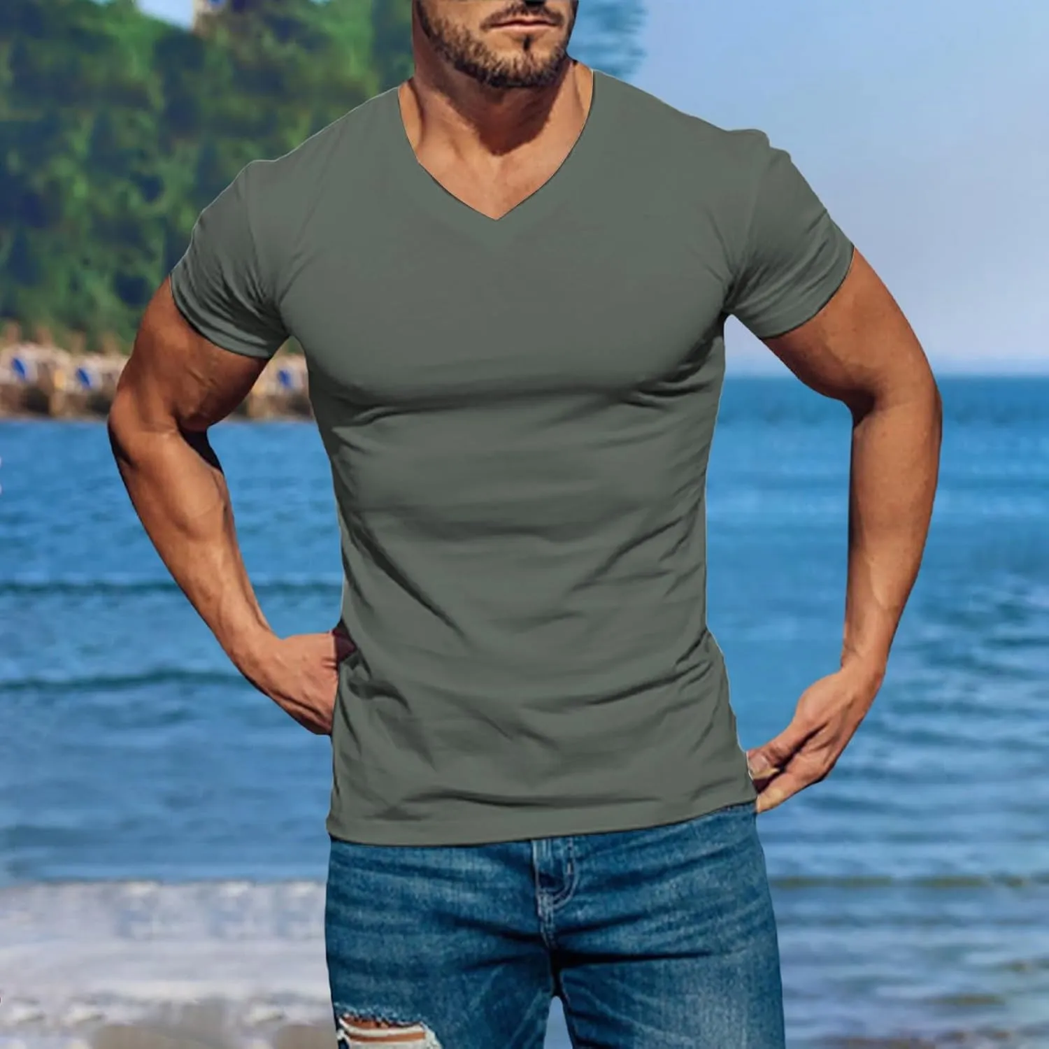 Mens Muscle Slim T Shirt V-Neck Longline Casual Soft Cotton Tee Gym Workout Bodybuilding Athletic Tee Shirts 2025