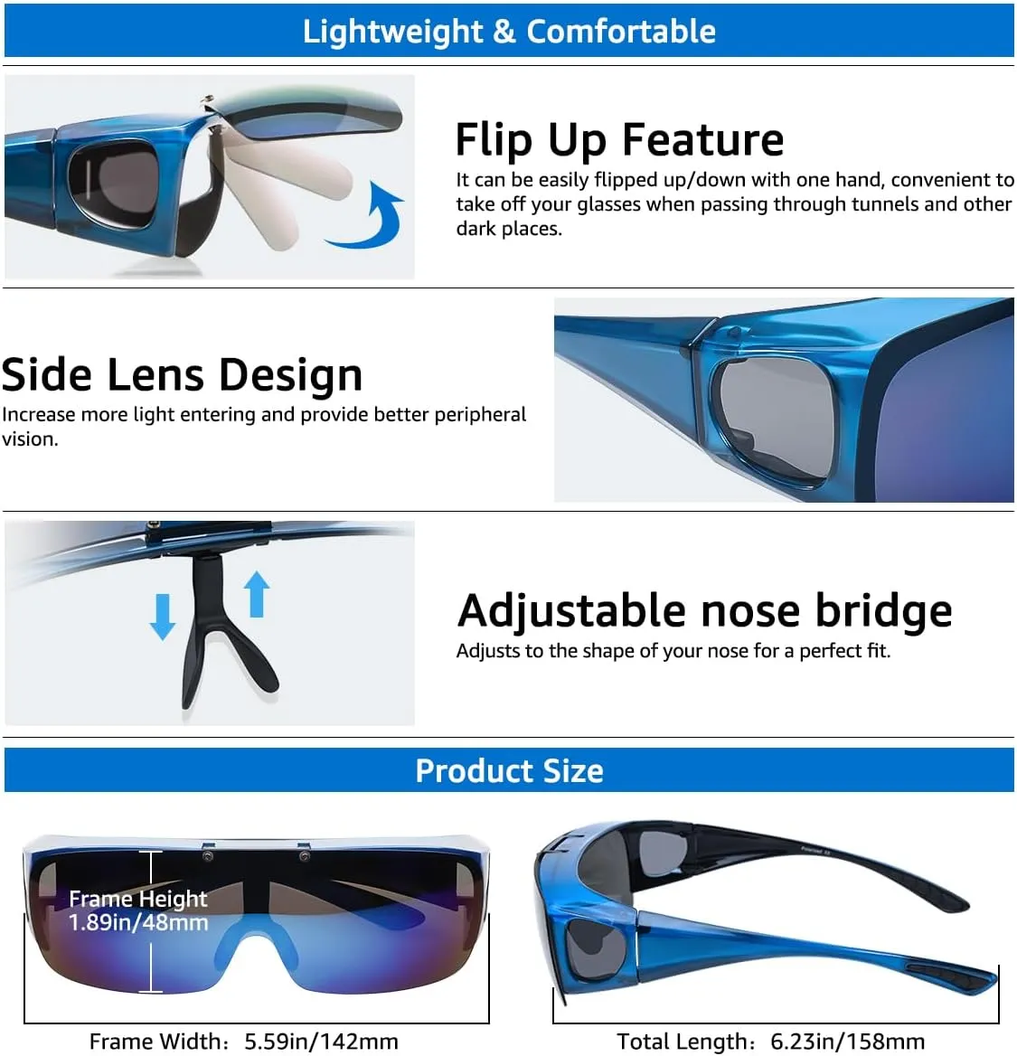 Mens Polarized Flip Up Fitover Sunglasses with Mirrored Lenses