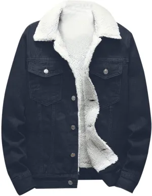 Mens Sherpa Fleece Jean Jacket Thicken Denim Trucker Jacket Lapel Neck Warm Fall Winter Coat with Pockets