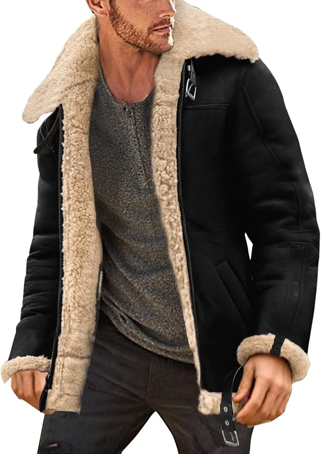 Mens Sherpa Fleece Lined Winter Coat Warm Suede Leather Outdoor Casual Faux Shearling Sheepskin Fur Collar Jackets,B1-Black,XX-Small