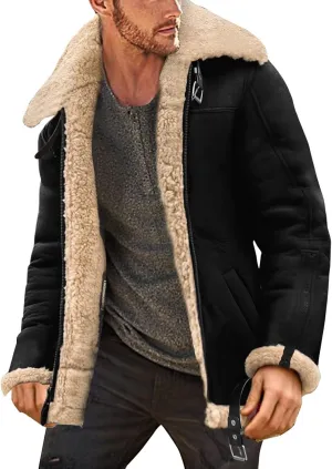 Mens Sherpa Fleece Lined Winter Coat Warm Suede Leather Outdoor Casual Faux Shearling Sheepskin Fur Collar Jackets,B1-Black,XX-Small