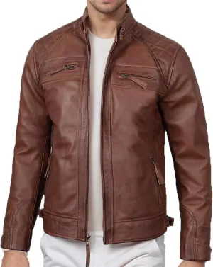 Mens Slim Fit Faux Leather Jacket Brown Long Sleeve Lightweight Motorcycle Jacket Zip Up Biker Bomber Jacket