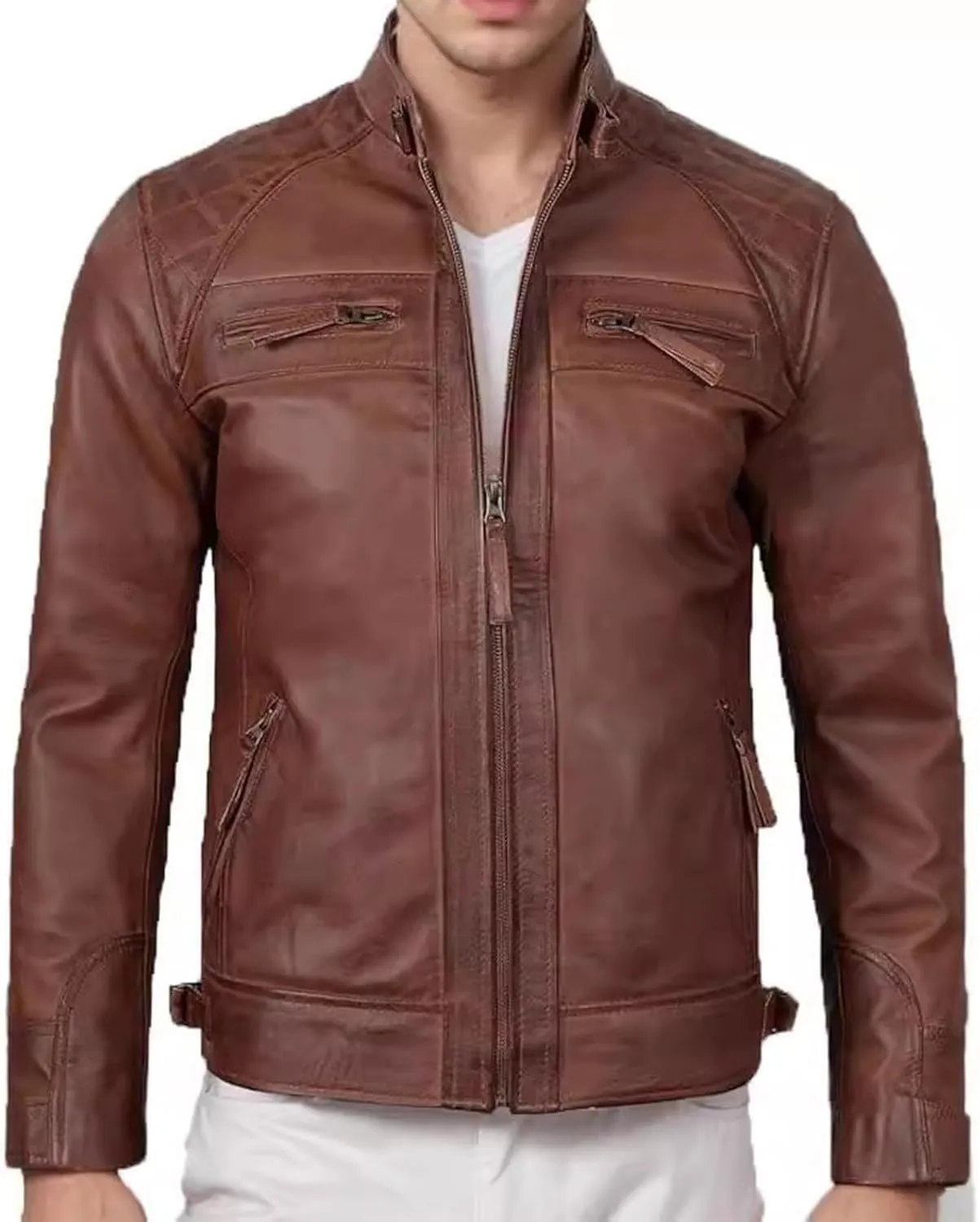 Mens Slim Fit Faux Leather Jacket Brown Long Sleeve Lightweight Motorcycle Jacket Zip Up Biker Bomber Jacket