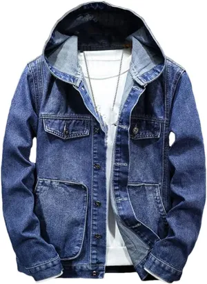Men's Spring Autumn Hooded Denim Jacket Windproof Coats Large Pocket Sports Denim Jackets Solid Streetwear