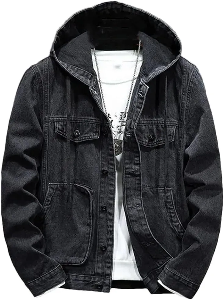 Men's Spring Autumn Hooded Denim Jacket Windproof Coats Large Pocket Sports Denim Jackets Solid Streetwear