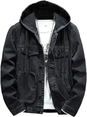 Men's Spring Autumn Hooded Denim Jacket Windproof Coats Large Pocket Sports Denim Jackets Solid Streetwear