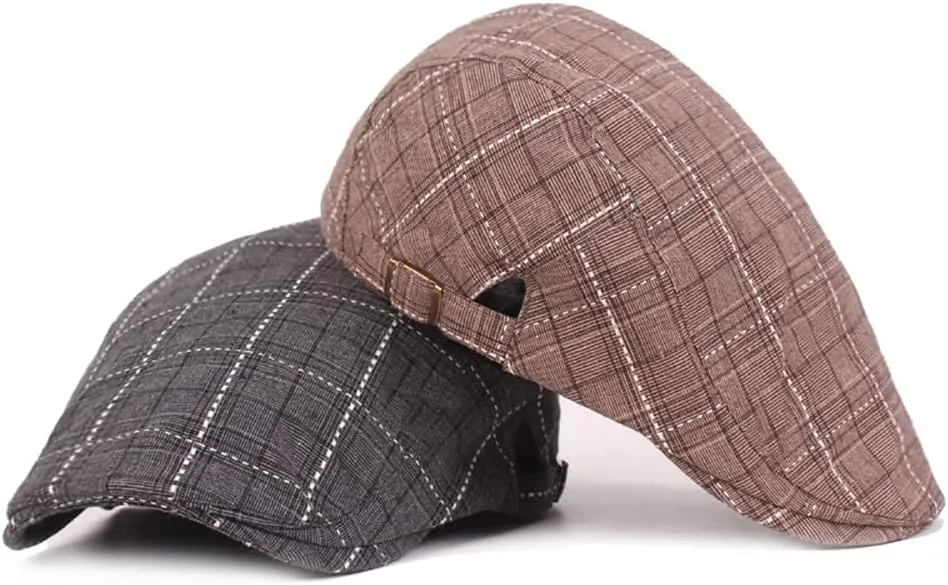 Mens Summer Plaid Beret Newsboy Caps Ivy Gatsby Golf Flat Cap with Adjustable Buckle