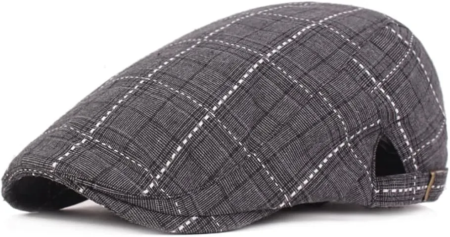 Mens Summer Plaid Beret Newsboy Caps Ivy Gatsby Golf Flat Cap with Adjustable Buckle
