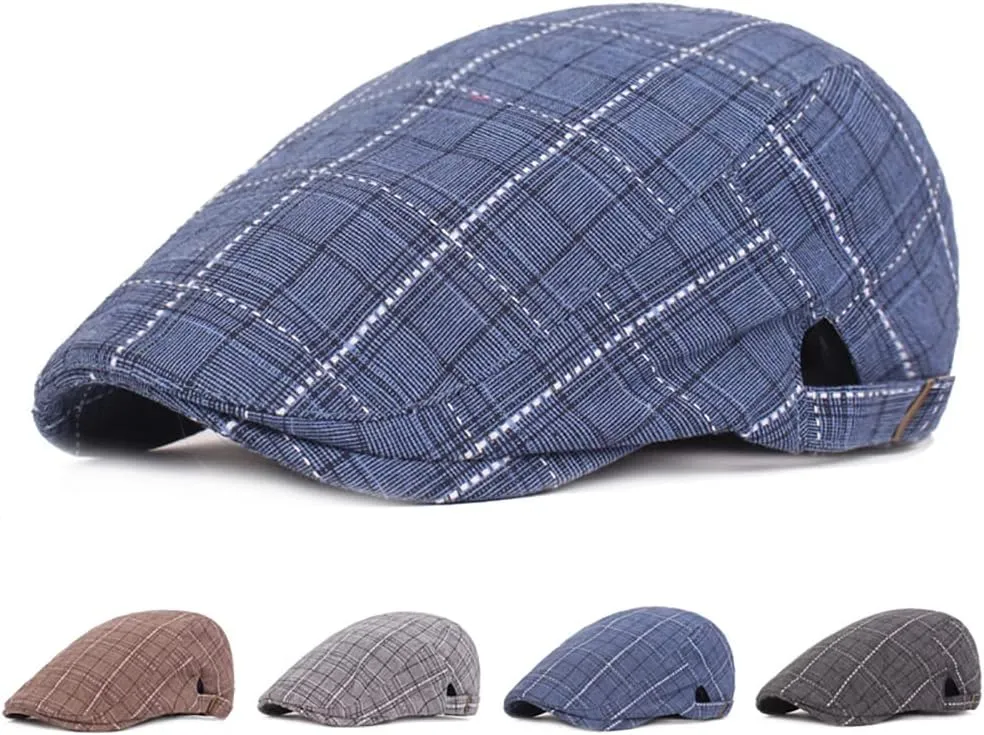 Mens Summer Plaid Beret Newsboy Caps Ivy Gatsby Golf Flat Cap with Adjustable Buckle