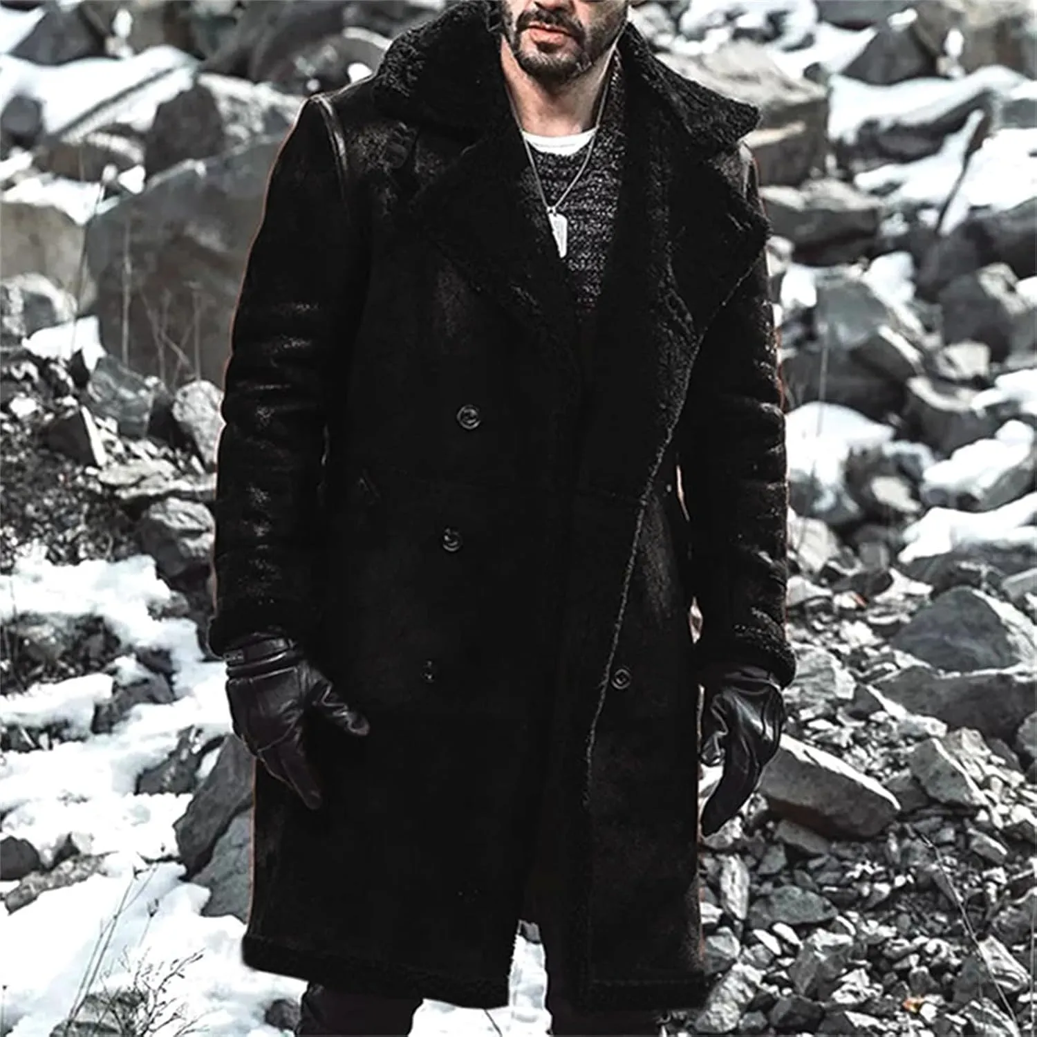 Men's Trench Coat Long Pea Coat Warm Buttons Coat Jacket Wool Long Sleeve Warm Coat Turn-down Collar Coat Vintage