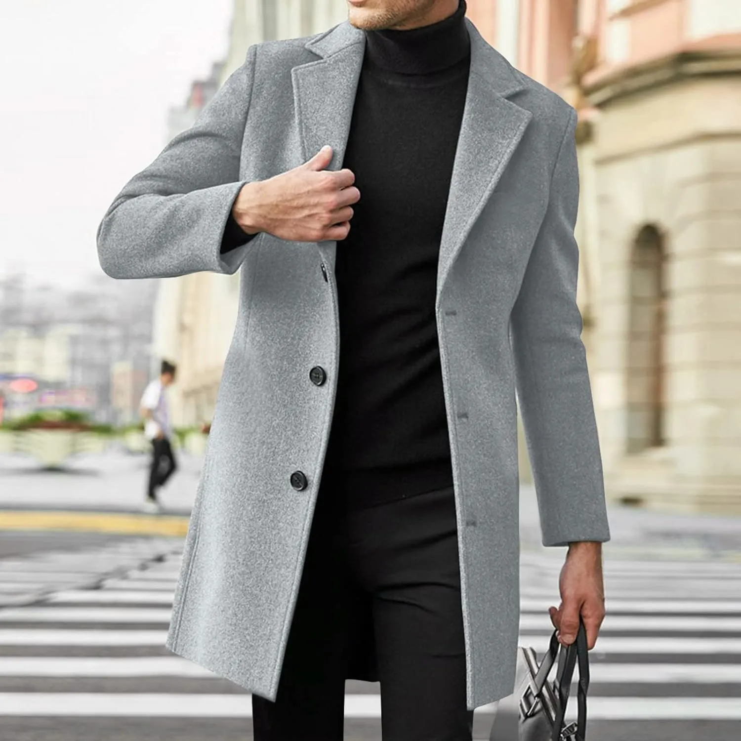 Mens Trench Coat Slim Fit Notch Lapel Single Breasted Business Casual Long Peacoat Fall Winter Windproof Overcoat