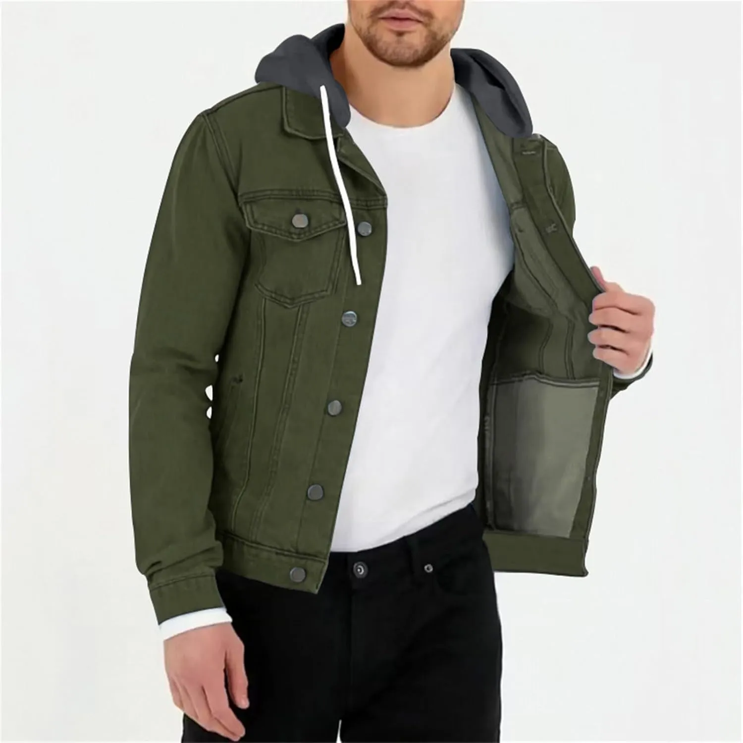 Mens Trendy Working Hoodies Jackets Zipper Long Sleeves Lapel Distressed Jean Coats Casual Fit Multi-Pocket Tops