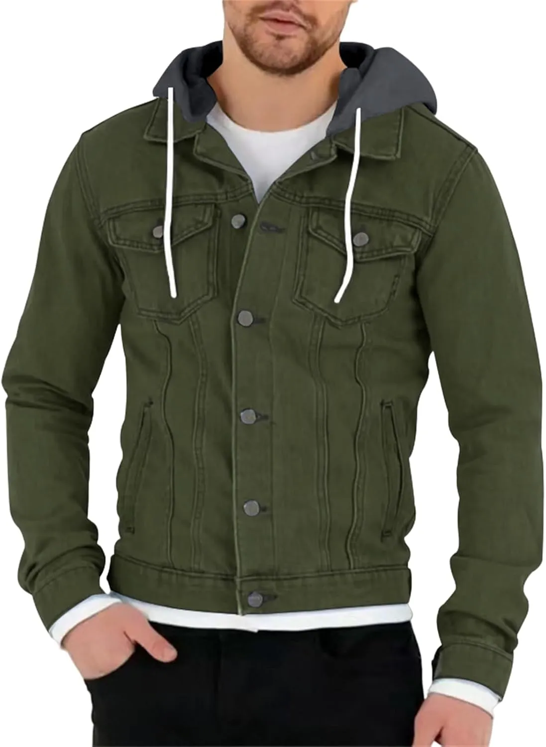 Mens Trendy Working Hoodies Jackets Zipper Long Sleeves Lapel Distressed Jean Coats Casual Fit Multi-Pocket Tops