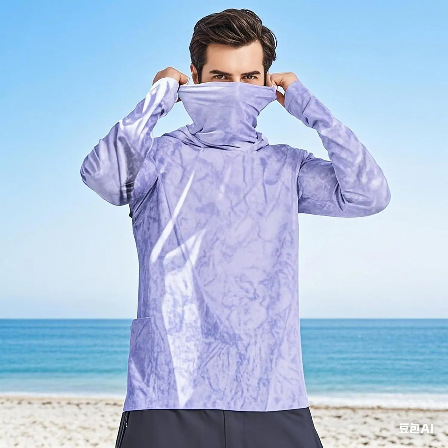Men's UPF 50  Sun Protection Hoodies Fishing Hiking Shirts Long Sleeve SPF UV Shirt with Mask Rash Guard Lightweight