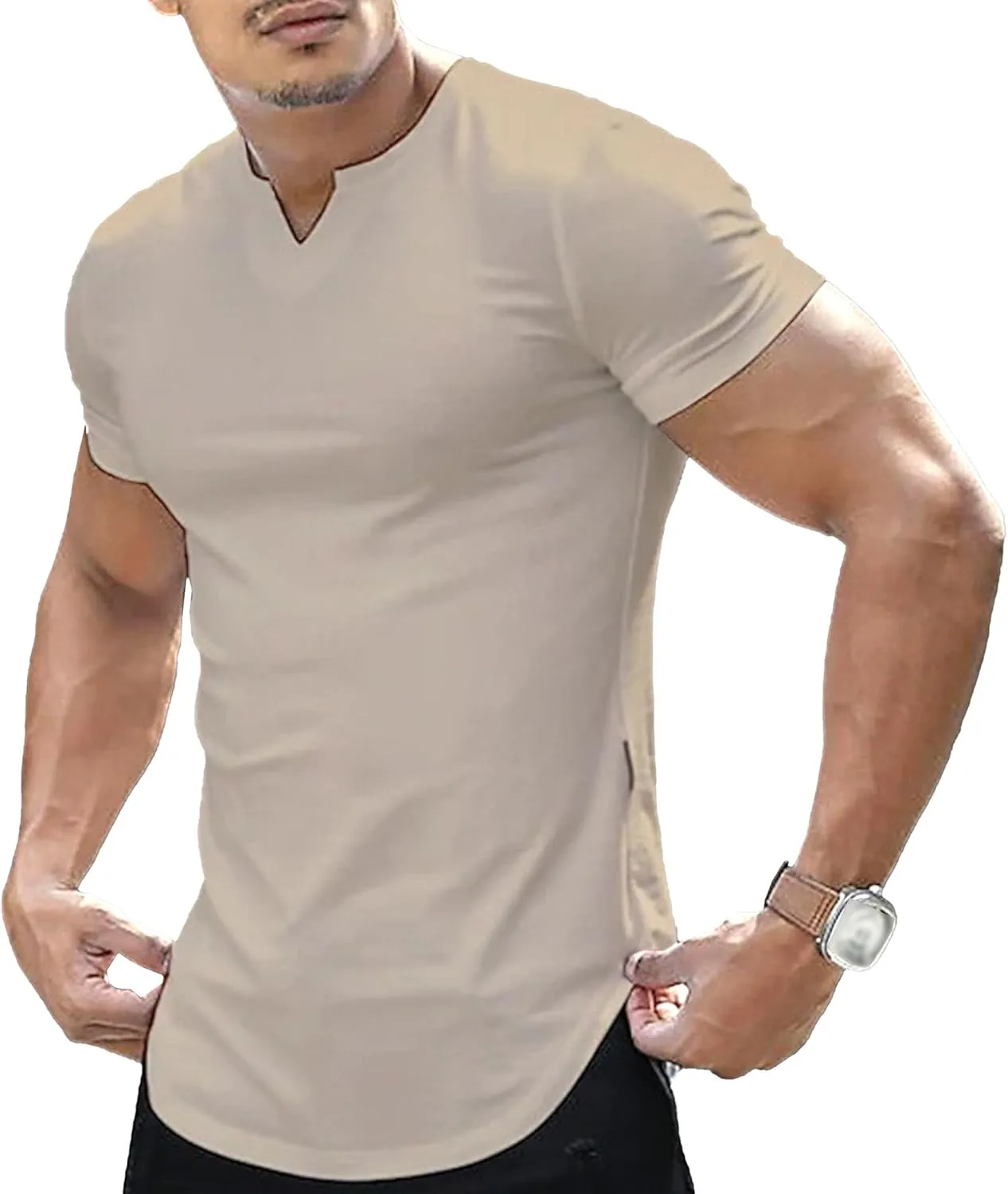 Men's V-Neck Regular Fit Longline T-Shirts Muscle Outdoor Summer Tee Lightweight Stretch Solid Tee Shirts