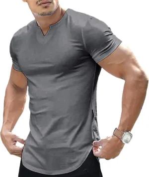 Men's V-Neck Regular Fit Longline T-Shirts Muscle Outdoor Summer Tee Lightweight Stretch Solid Tee Shirts