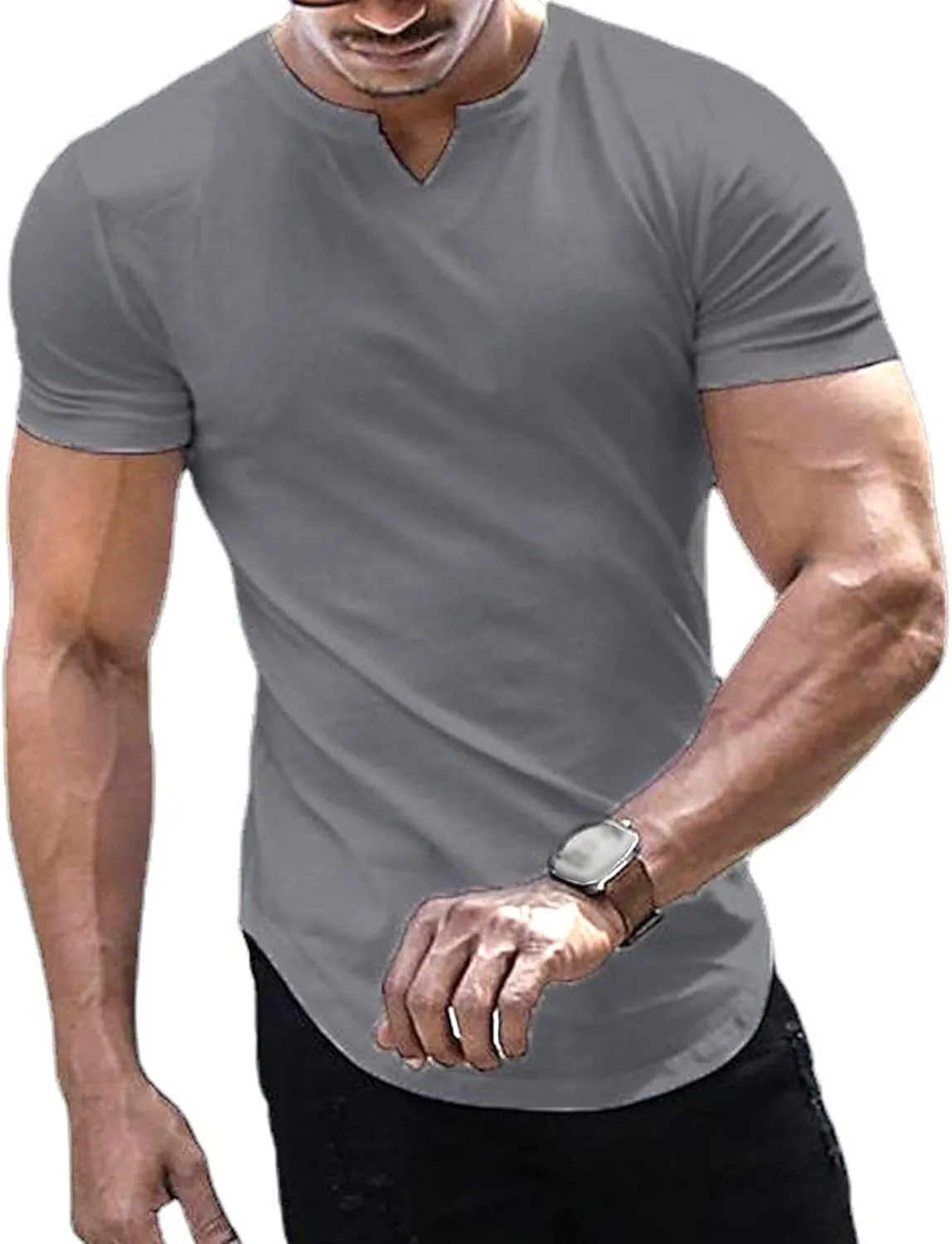 Men's V-Neck Regular Fit Longline T-Shirts Muscle Outdoor Summer Tee Lightweight Stretch Solid Tee Shirts