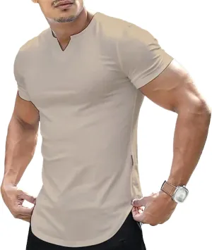 Men's V-Neck Regular Fit Longline T-Shirts Muscle Outdoor Summer Tee Lightweight Stretch Solid Tee Shirts