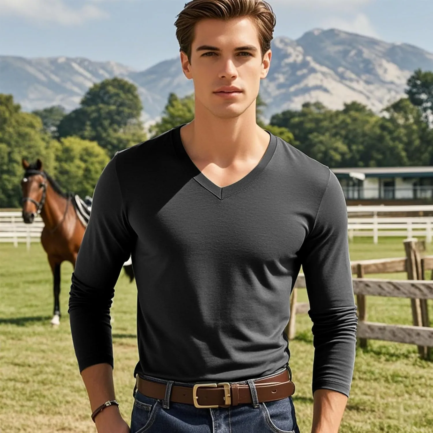 Men's V-Neck T-Shirt Long Sleeve - Cotton Blend Tee Undershirt, Soft Pajamas Top,Casual V-Neck T-Shirts for 2025