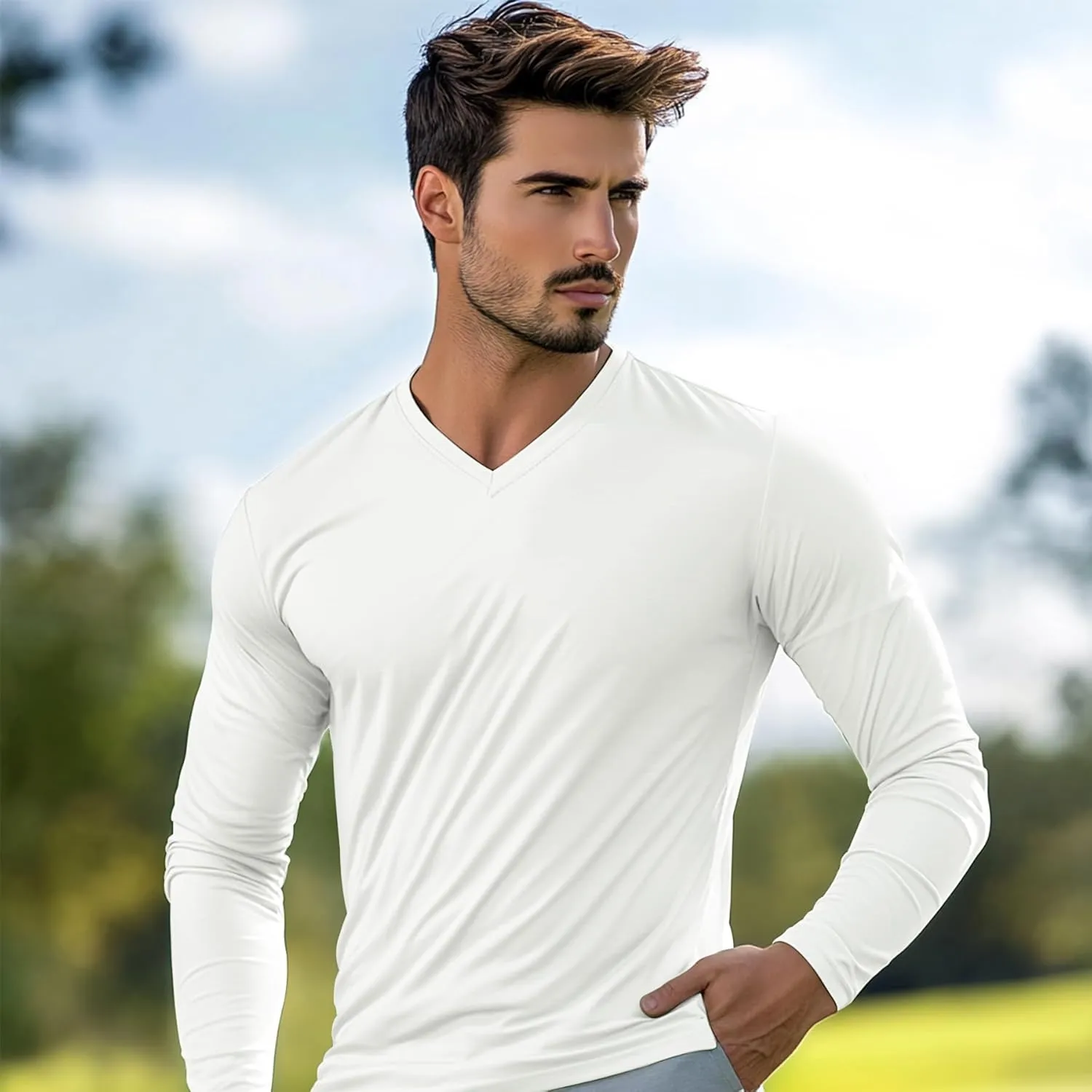 Men's V-Neck T-Shirt Long Sleeve - Cotton Blend Tee Undershirt, Soft Pajamas Top,Casual V-Neck T-Shirts for 2025