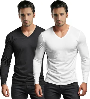Men's V-Neck T-Shirt Long Sleeve - Cotton Blend Tee Undershirt, Soft Pajamas Top,Casual V-Neck T-Shirts for 2025