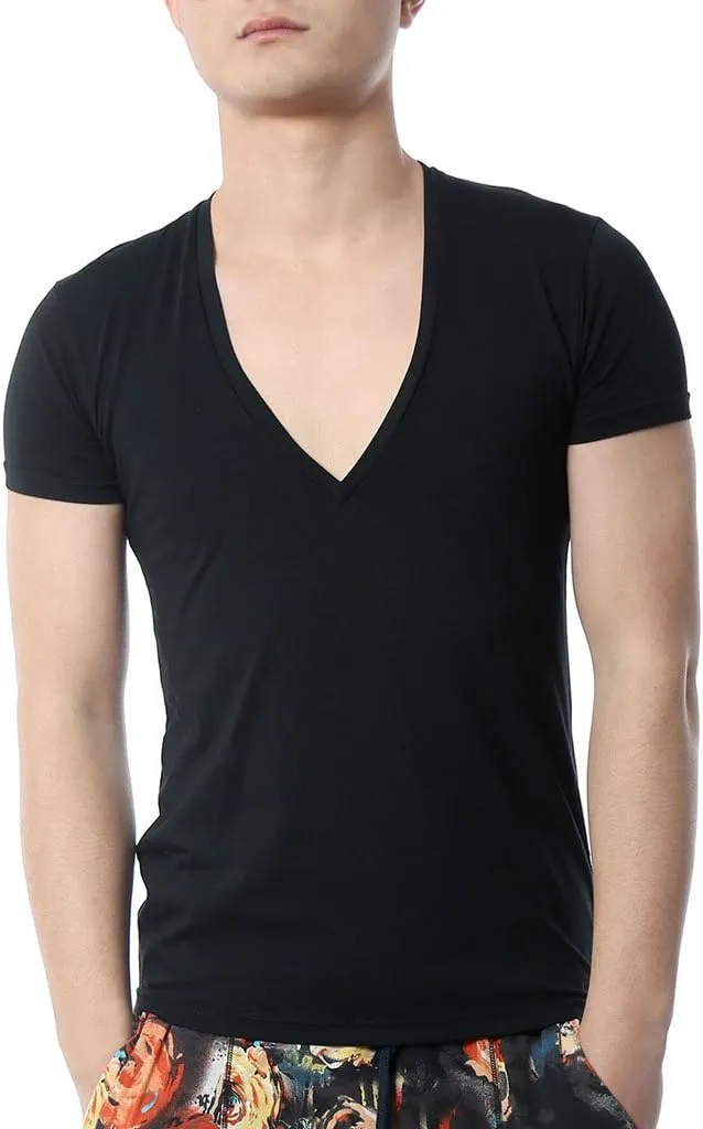 Men's V Neck T Shirts Tight Tee Stepped Hem