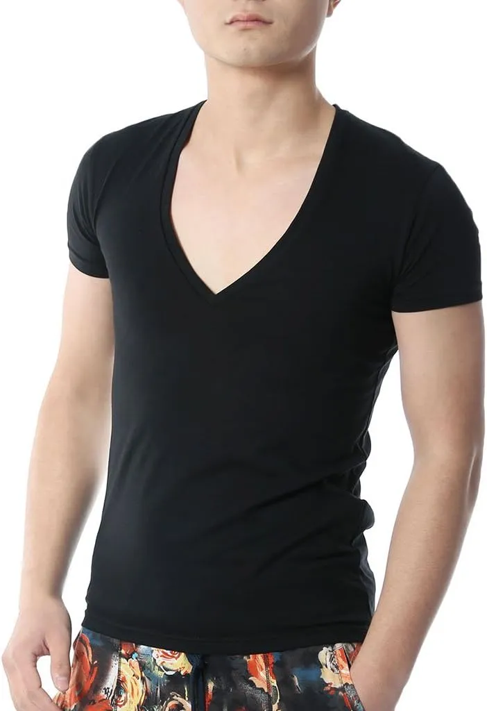 Men's V Neck T Shirts Tight Tee Stepped Hem