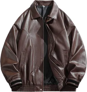 Men's Vintage Faux Leather Jacket Zip Long Sleeve Motorcycle Biker Racing Coat PU Lapel Lightweight Slim Fit Jackets