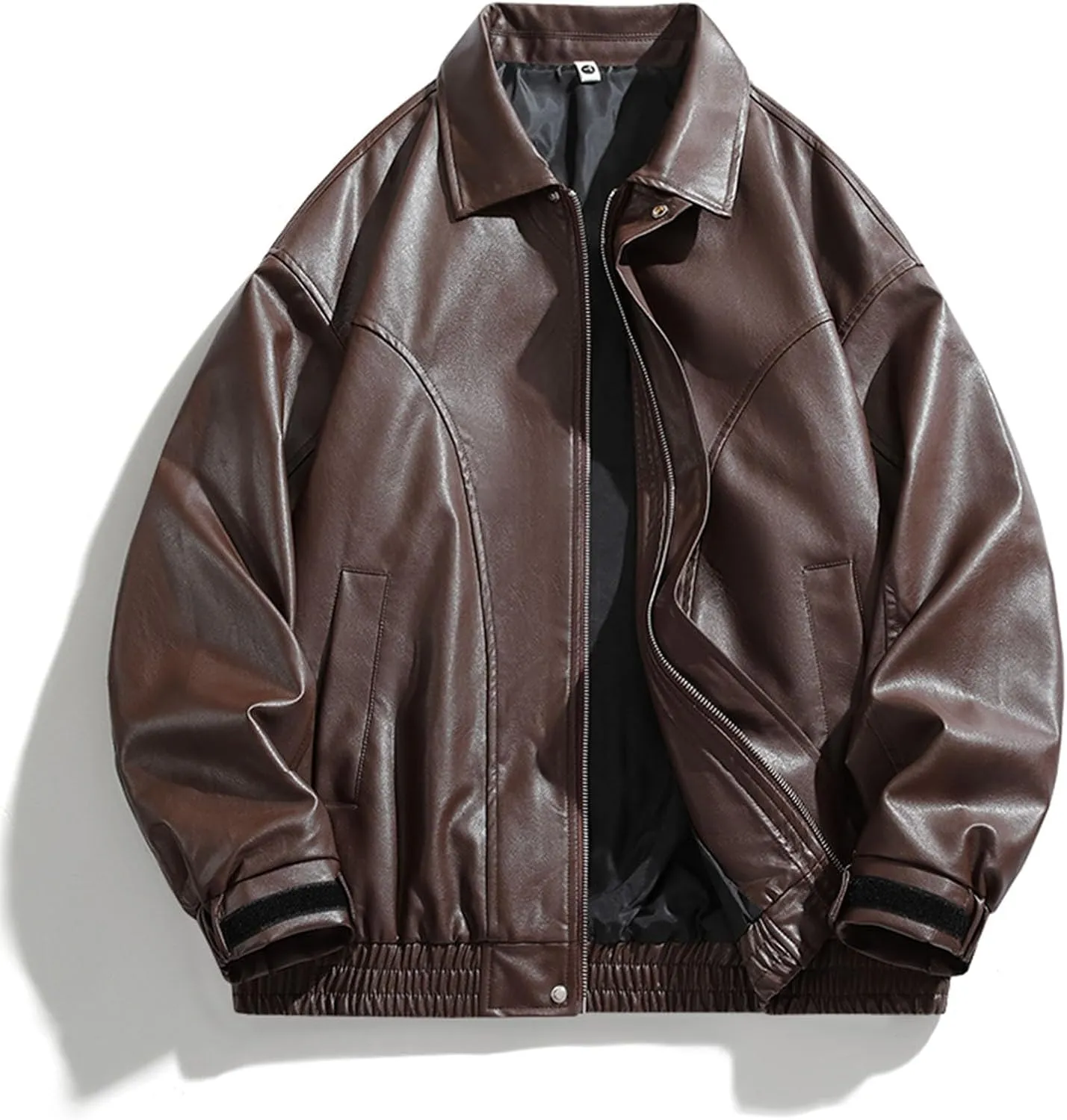 Men's Vintage Faux Leather Jacket Zip Long Sleeve Motorcycle Biker Racing Coat PU Lapel Lightweight Slim Fit Jackets