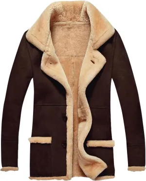 Mens Winter Coats Long Trench Coat, Sherpa Fleece Lined Pea Coat, Heavyweight Faux Suede Fur Jacket with Lapel