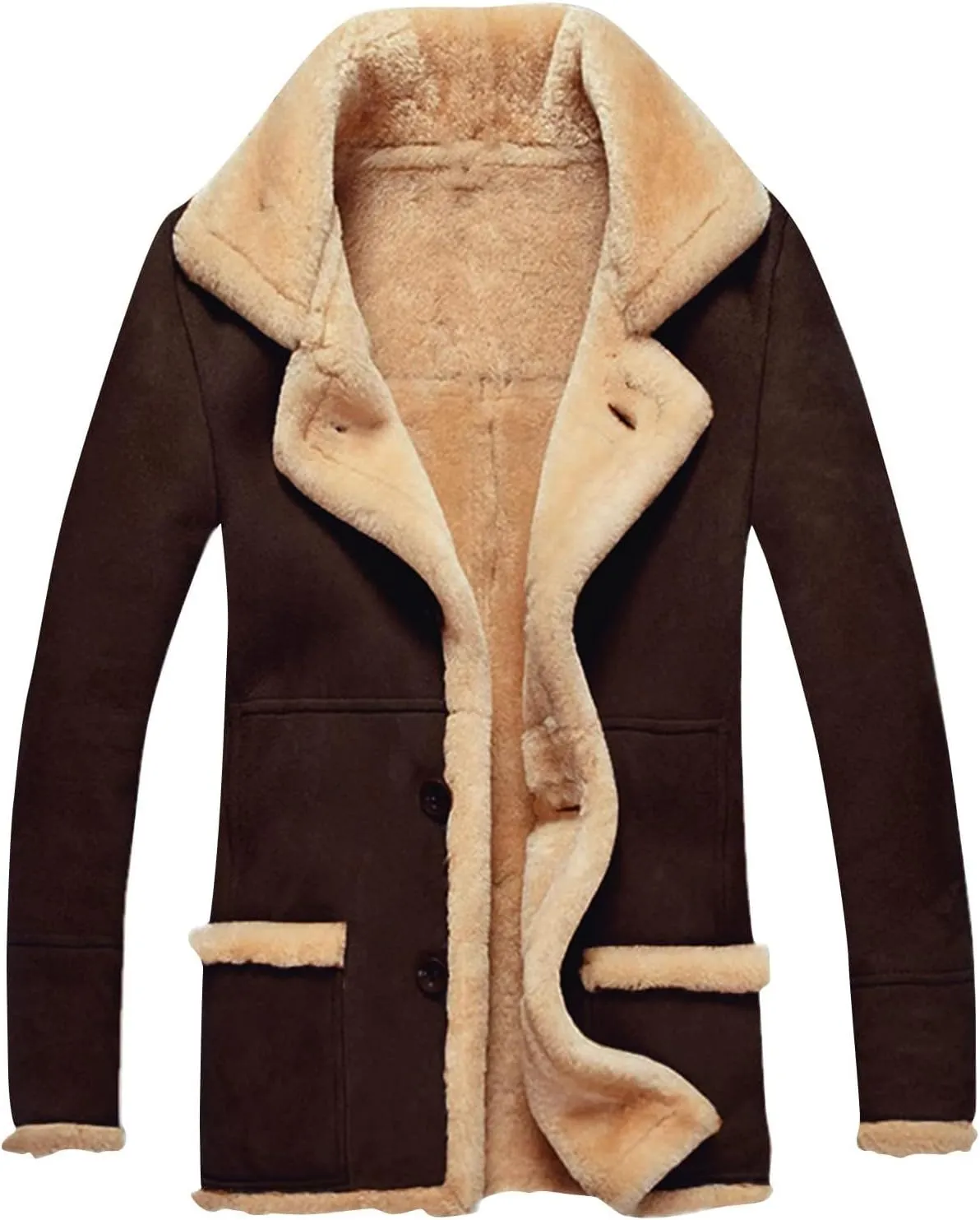 Mens Winter Coats Long Trench Coat, Sherpa Fleece Lined Pea Coat, Heavyweight Faux Suede Fur Jacket with Lapel