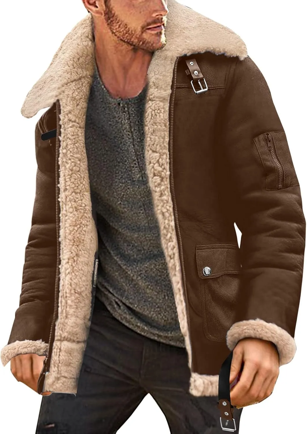 Mens Winter Coats, Mens Sherpa Fleece Lined Faux Leather Jacket Heavyweight Zip Up Bomber Jackets Vintage Winter Coats